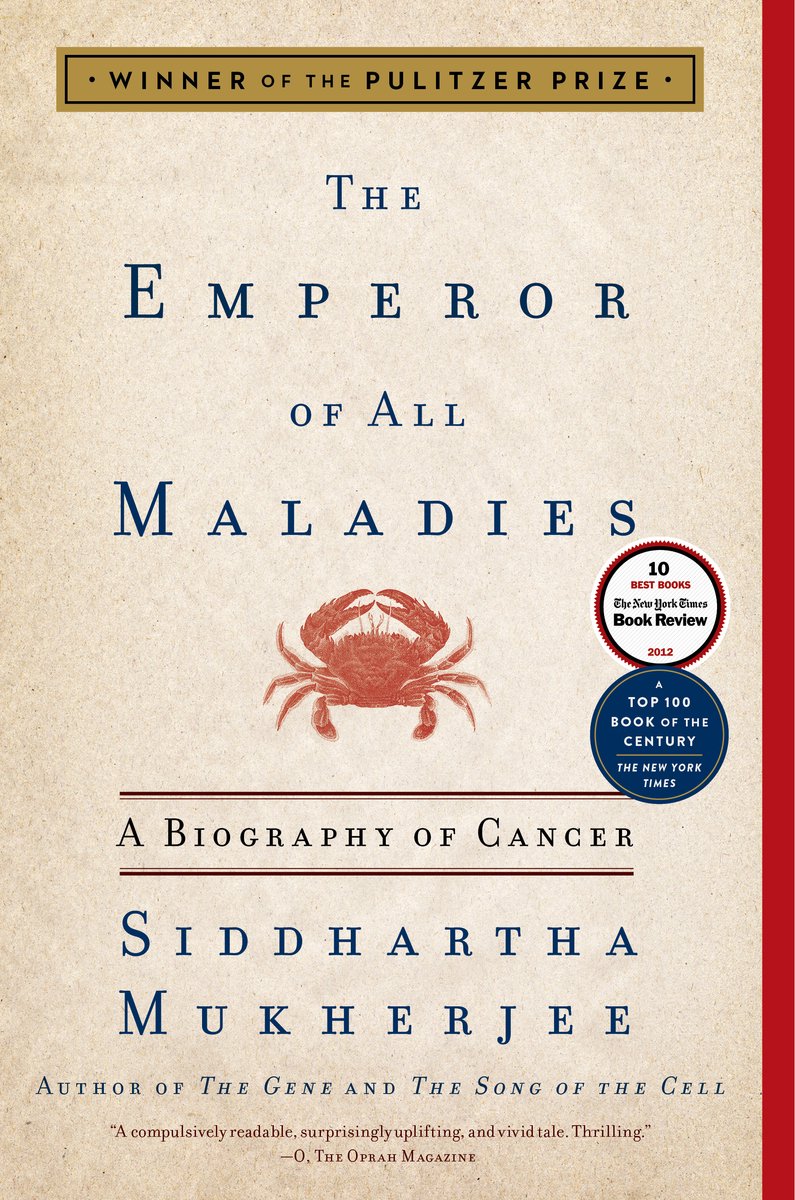 Couverture du livre 'The Emperor of All Maladies: A Biography of Cancer' par Siddhartha Mukherjee, avec une image de crabe rouge.
