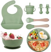 8-Delig Baby Servies Set (Siliconen) – Bord met Zuignap + Drinkbeker + Slab + Bestek | Vaatwasser- & Ovenbestendig | BPA-Vrij | Lichtgroen