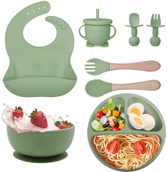 Set Services de table Bébé 8 pièces ( Siliconen) : assiette à ventouse, gobelet, bavoir et Couverts | Passe au lave-vaisselle et au four. | Sans BPA | Vert clair