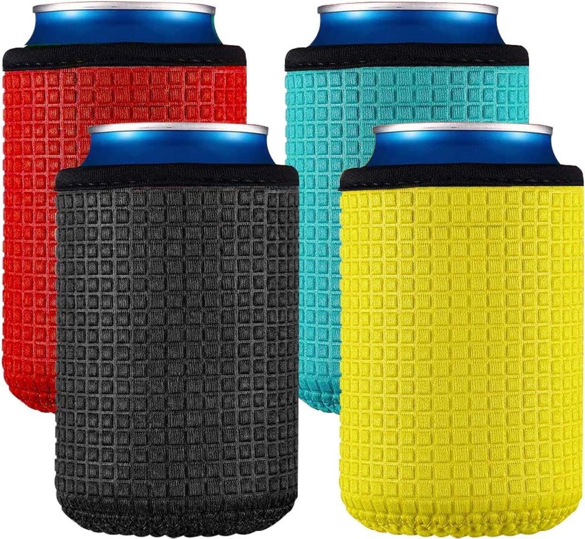 Allecto Plus - Pack van 4 Blik Mouwen Isolatie Houders voor Blikjes - Antislip Neopreen Koelmouwen voor Bier en Frisdrank (Zwart Rood Geel Blauw)