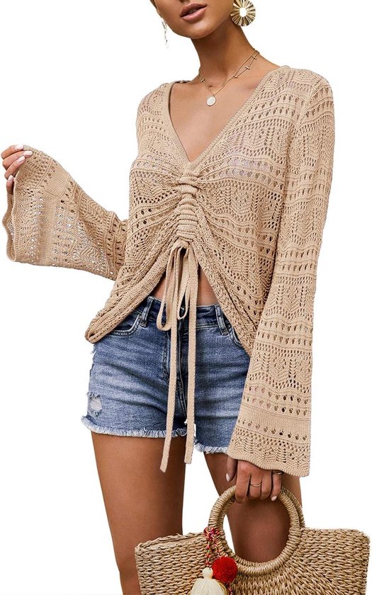 Allecto Plus - Flowy Oversized Damestrui met Lange Mouw, Lente Zomer Gebreide Trui V-hals Crochet - Trendy en Comfortabel