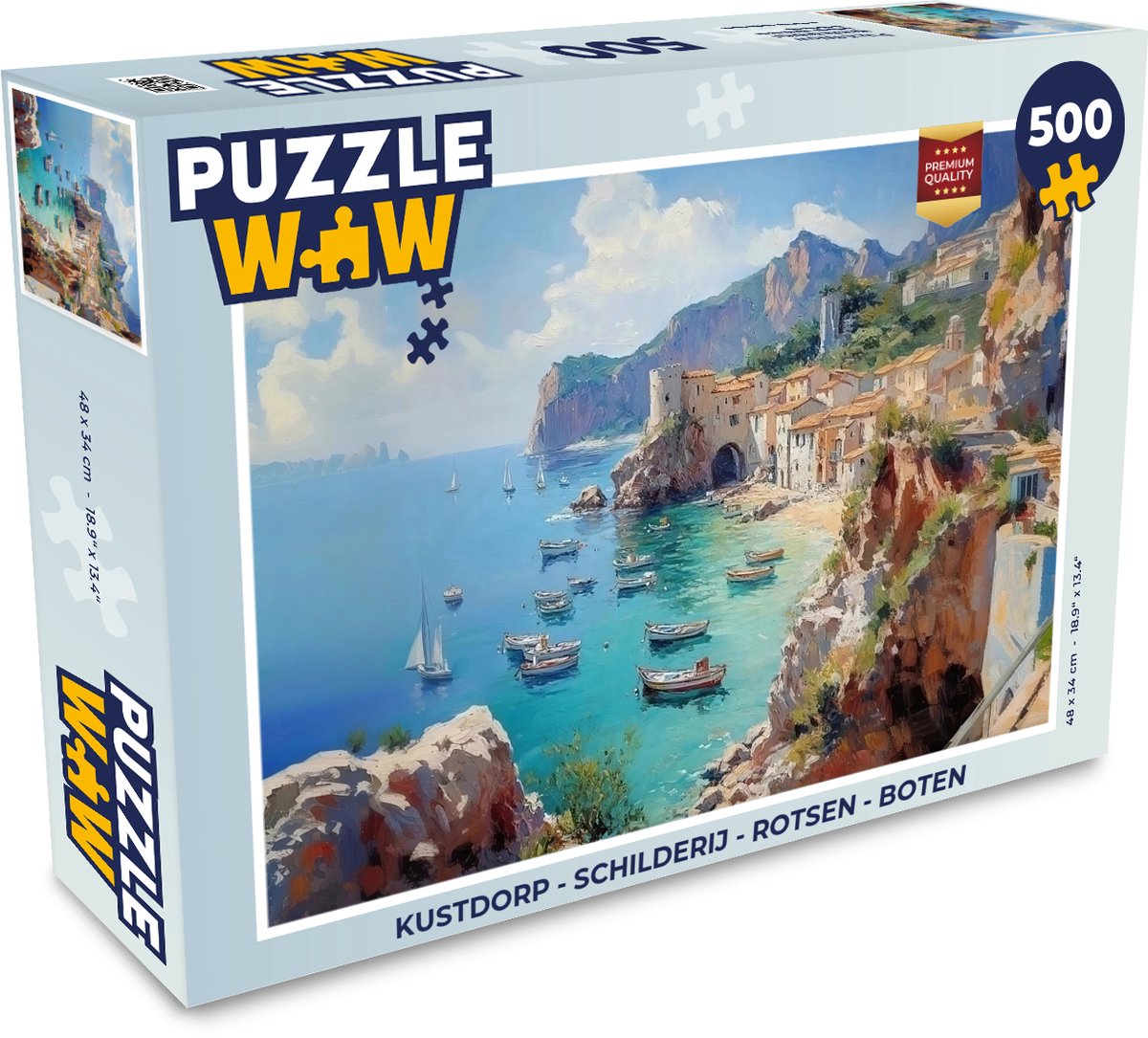 Puzzel Kustdorp - Schilderij - Rotsen - Boten - Legpuzzel - Puzzel 500 stukjes