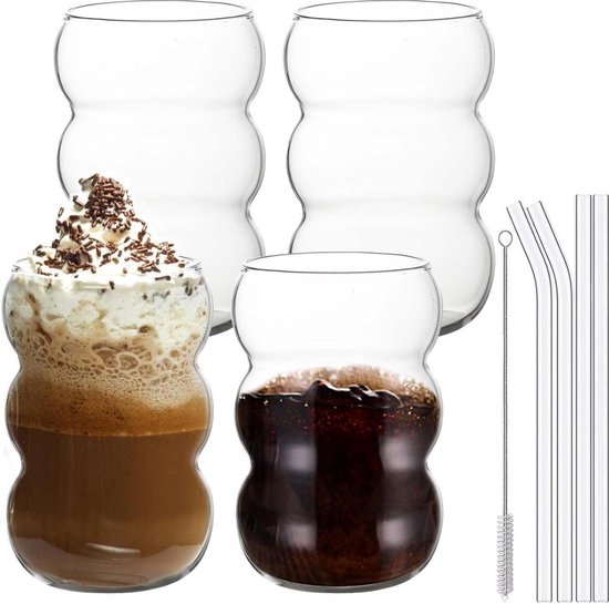 Lot de 4 Verres à Bulles en Verre 350ml, Verres Strié Vintage Style Forme de Vague, Verre a Eau Bulles, Cannelés, Cocktail avec Paille et Brosse, pour Cocktail, Lait, Eau, Jus, Café