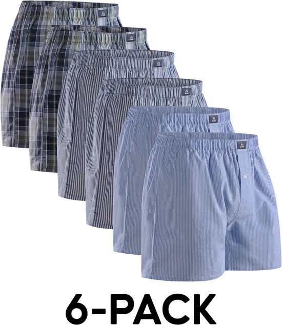 Een 6-pack heren boxershorts in verschillende blauwe en grijze patronen: gestreept en geruit.