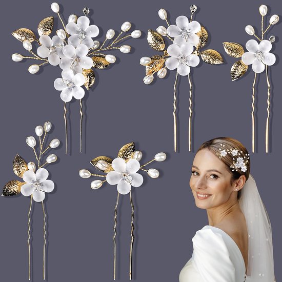 haarsieraad bruid - haarspeld bruiloft - haarpin bruid - bruidsspeld bloemen - bloem - Set 5 Stuks Haarpinnen Bruiloft - Haaraccessoire - Goud