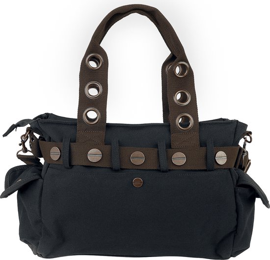Zwarte canvas tas met bruine banden, gespen en ritssluitingen.