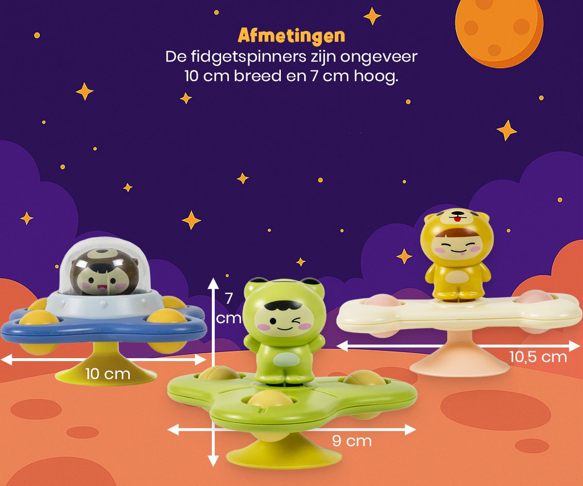 Frummel Fidget Spinners met Zuignap – Bad Speelgoed voor Kind en Peuter – Sensorisch Speelgoed Set van 3 – Ruimtevriendjes – Voor Bad, Tafel of Raam — afbeelding 6