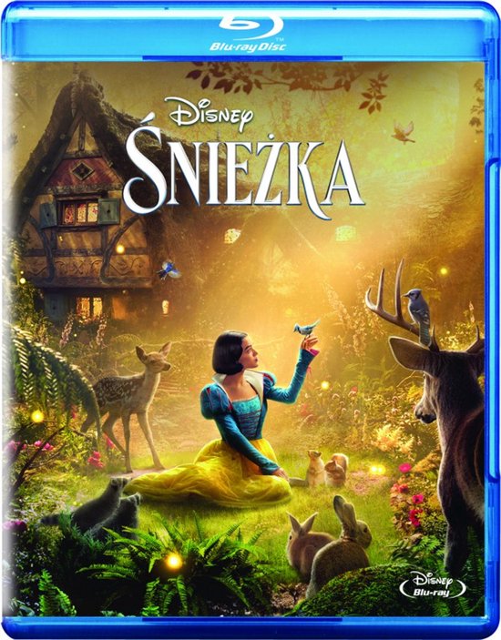 De Blu-ray hoes van de Disney film Sneeuwwitje, met Sneeuwwitje en bosdieren in een magisch bos.