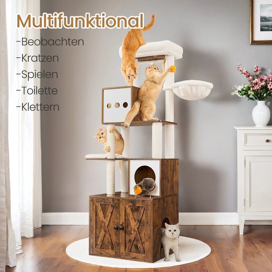 Relaxdays kattenbak kast met lade en krabvlak, 53,5x60x51,5 cm, wit-grijs