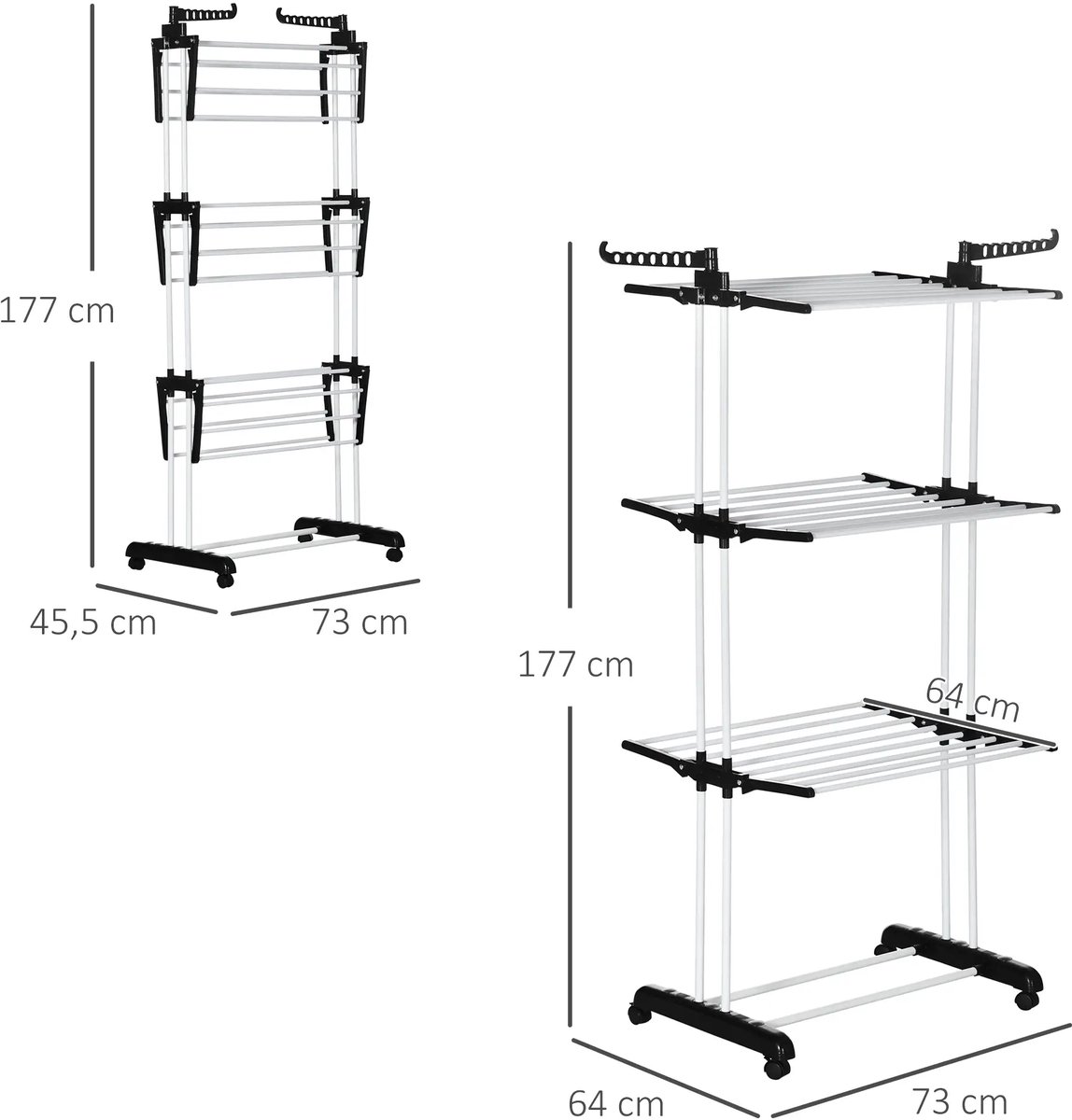 Pugsdrly Droogrek, 4 niveaus, inklapbaar, 4 wielen met 2 remmen, metalen frame, zwart, 73 x 64 x 177 cm