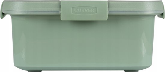 Boîte Curver rectangulaire vert pâle avec couvercle et fermeture vert pâle.
