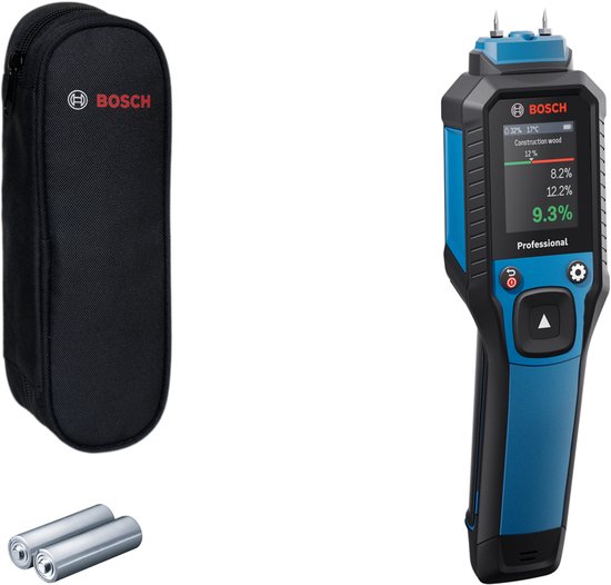Bosch vochtmeter met display, zwart etui en batterijen. De meter is blauw en zwart, met display dat "9.3%" toont.