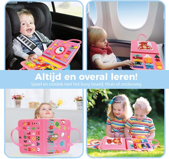 Kinderen gebruiken het roze busy board op reis: in de auto, het vliegtuig en buiten in het gras.