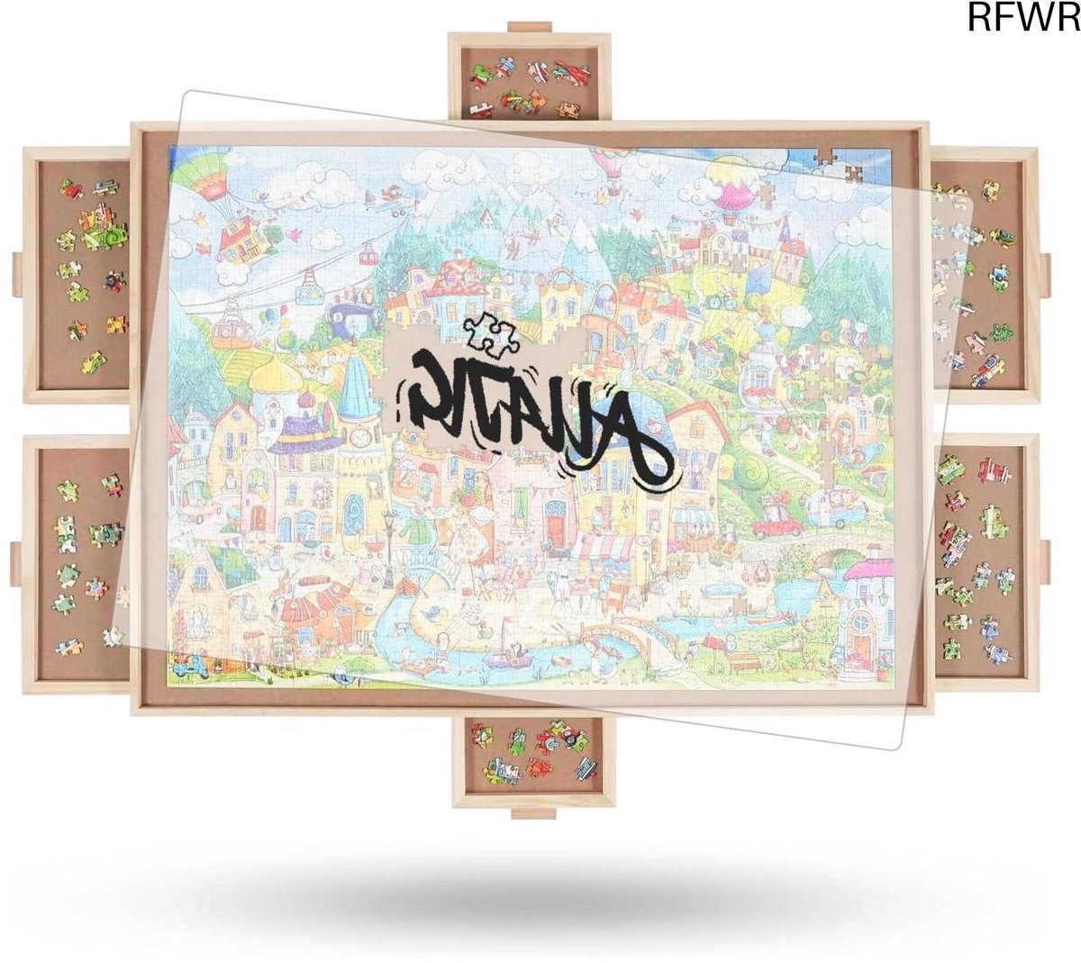 RFWR® Roterend puzzelbord met 6 laden en hoes - Draagbare houten puzzeltafel 28 x 40 cm