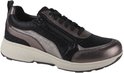 Zwarte dames sneaker met zilverkleurige en grijze accenten, rits en veters.