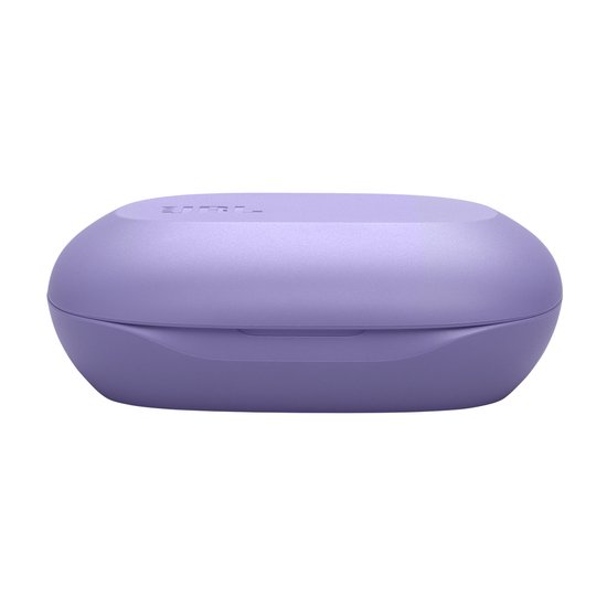 Paarse oplaadcase voor JBL Sense Lite oordopjes, gesloten, van voren gezien.