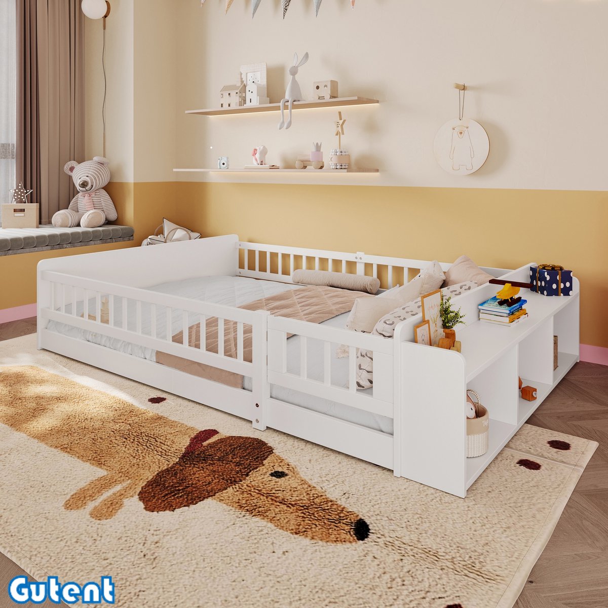 Gutent Houten kinderbed-140 x 190 cm-Pine-Open opbergkast-Hoogteplanken-Geen matras-Wit