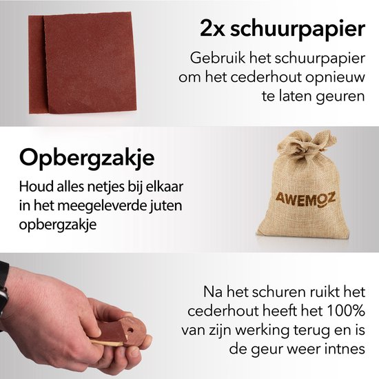 Afbeelding toont 2 schuurpapiertjes en een jute opbergzakje met het AWEMOZ logo. Hand schuurt cederhout.