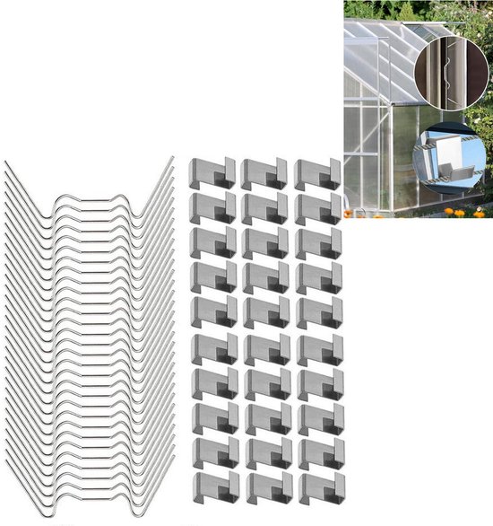 50 zilveren W-clips en 50 zilveren Z-clips, glanzend metaal, voor broeikas. De W-clips hebben een golvend profiel, de Z-clips zijn rechthoekig met een haak.