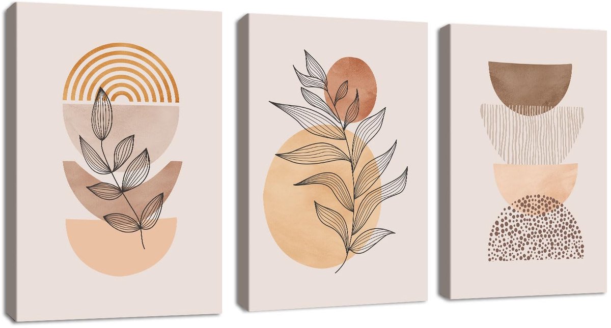 Ibenzoa® 3 Stuks Boho Geometrische Canvas Foto's, Set met Houten Lijst, Licht Oranje Plantenfoto's, Woonkamer Wanddecoratie