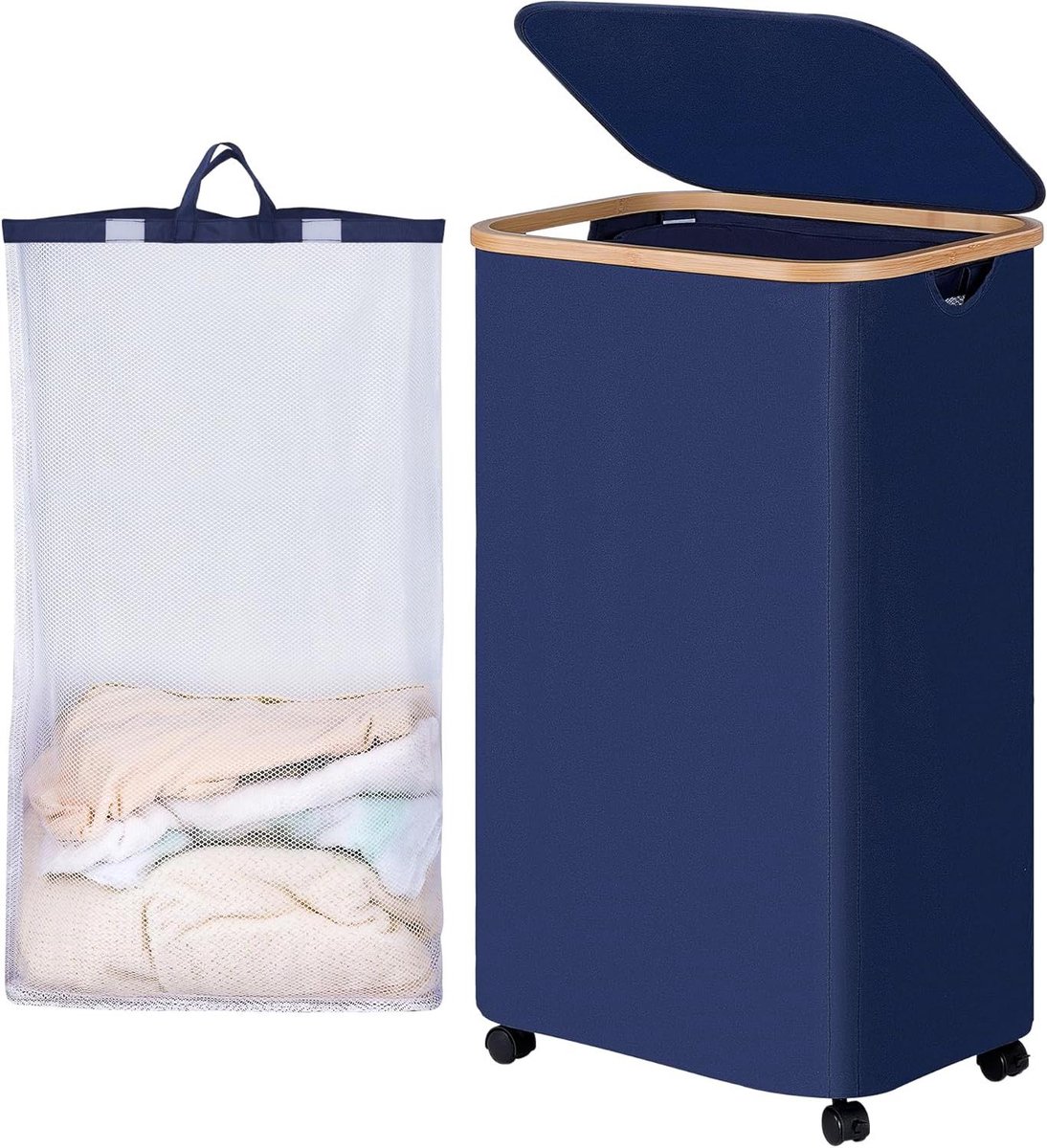 Laundry Collector with Wheels 100 Litres - Grey, Foldable Basket with Lid and Removable Bag