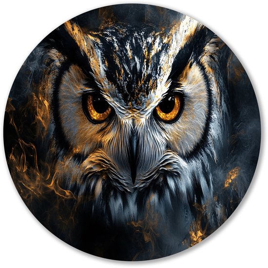 Uil met vurige ogen - Uil rond schilderij - Wandobject rond dieren - Hyperrealisme - Ronde Forex wanddecoratie - Kunst aan de muur - muurcirkel forex 90x90 cm