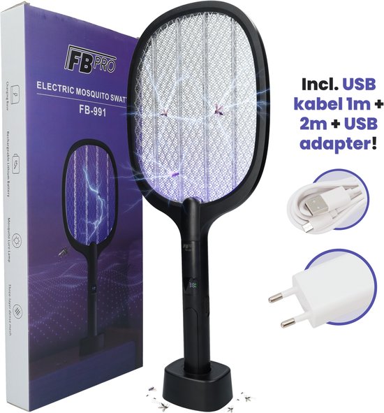 FB991 - Elektrische Vliegenmepper, Muggenlamp, Insectenlamp, Vliegenlamp, Vliegenvanger - De beste fruitvliegjes vanger, muggen, wespen, motten & meer - UV Lamp als Muggenvanger - Oplaadbaar - Zwart