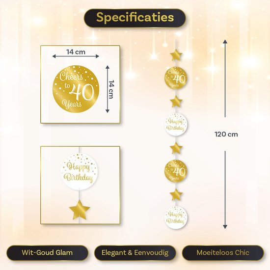 Decoraties met "Cheers to 40 Years" en "Happy Birthday". Wit en goud met sterren. Lengte 120 cm.