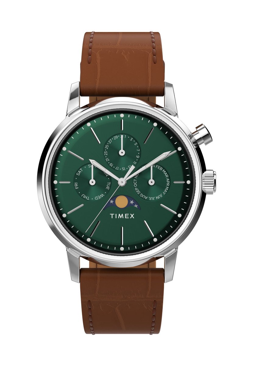 Timex Marlin® Moon Phase Kwarts Analoog Horloge Bruin Case: 100% Stainless Steel | Armband: 100% Leather 40 TW2W51000AJ