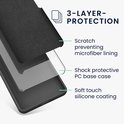 Gedetailleerde weergave van telefoonhoes met "3-layer protection": microvezel voering, schokabsorberende PC-basis, zachte siliconen coating.
