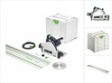Scie circulaire Festool avec systainer, rail de guidage, lame de scie supplémentaire et accessoires.