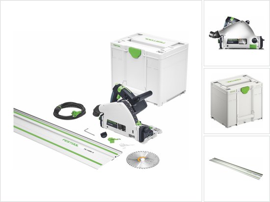 Scie circulaire Festool avec systainer, rail de guidage, lame de scie supplémentaire et accessoires.