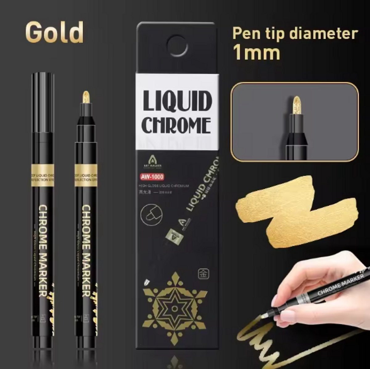 TLVX Chrome Marker Goud / Permanente Chrome Stift Gold Glas / Rubber / Metaal / Papier / Kunststof / Permanente marker pen voor Auto / Motor / Scooter / Fiets / E-Bike / Fatbike / Hobby / Bandenstift / Tyre / Hoogglans Spiegel Chroom Waterdicht