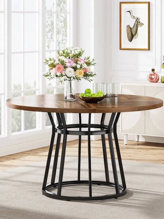 H.J WeDoo Eettafel ronde glazen tafel moderne stijl tafel voor keuken eetkamer salontafel met metalen poten houten korrel afwerking, rond 80 x 75 cm