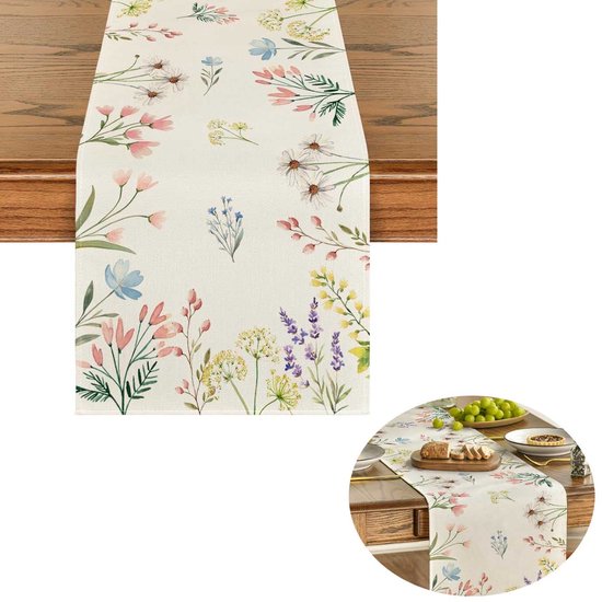 Chemin de table Fleurs d'été - Chemin de table Vintage - Chemin de table - Nappe en coton et lin - 275 x 33 cm - Décoration de table rustique - Set de 1 - Décoration de table de cuisine saisonnière printemps et automne