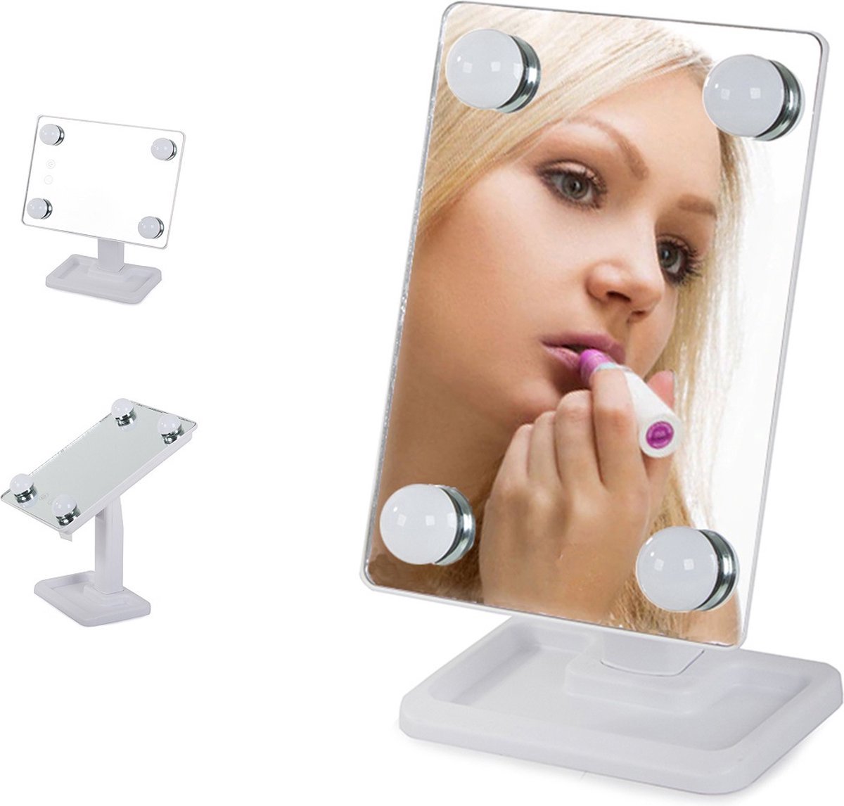 BORVAT® - Hollywood LED Make-up Spiegel – 2 Verlichtingstanden – 360° Draaibaar – Opbergruimte – Compact & Draagbaar – Wit