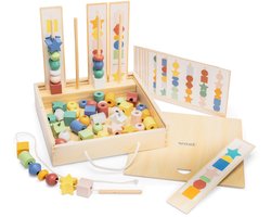 Woet® Houten Kralen Volgorde Spel - Sorteer- en Rijgspel met Opdrachtkaarten in Opbergdoos - Educatief Montessori Speelgoed - Vanaf 3 Jaar