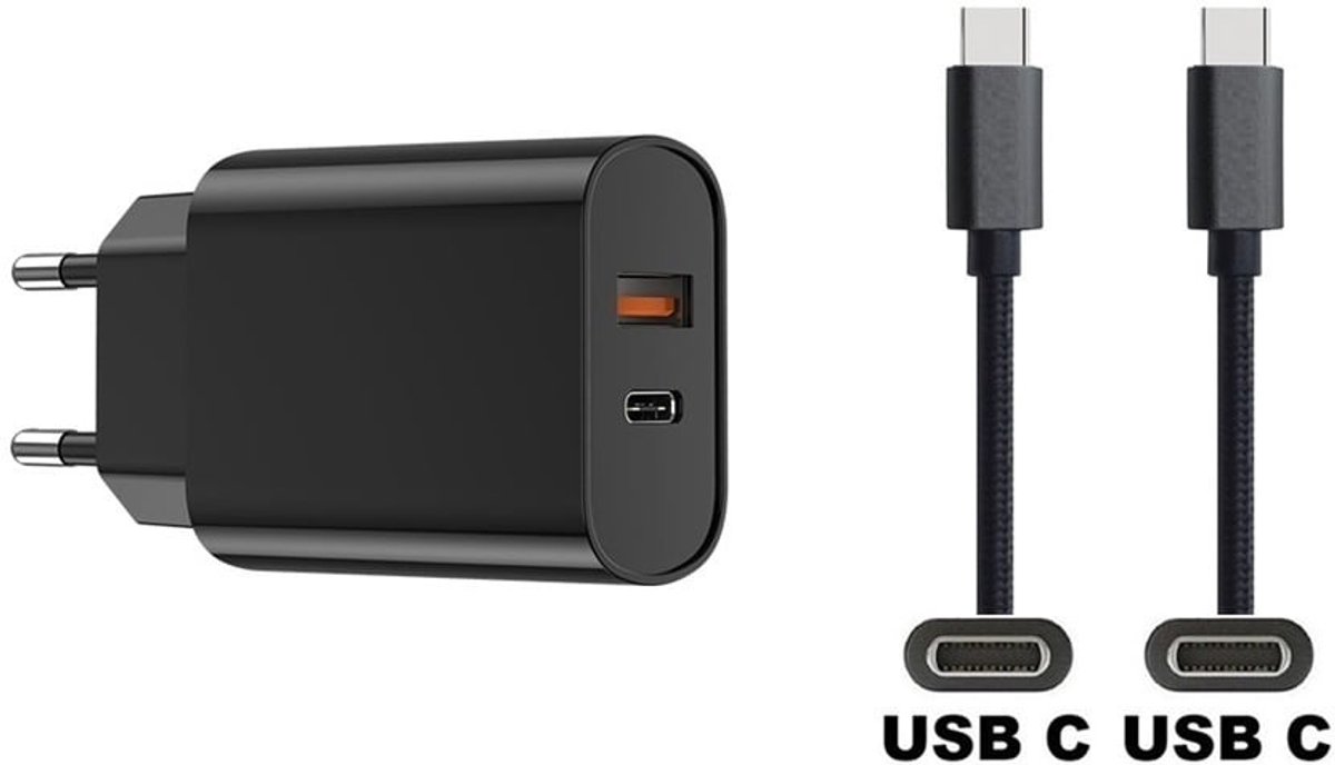 OneOne 20W snellader met 2 poorten. Oplader met sterke 0,5m USB C naar C kabel. PD lader adapter past op Samsung Galaxy M07, F07, M17, F17, Z TriFold, Tab A11 / A11+, Tab S11 / S11 Ultra, Tab S5e, Tab S6, Tab S7, Tab S8