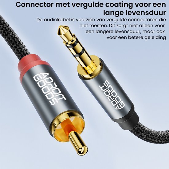Gouden 3.5mm jack plug en RCA stekker met AdroitGoods logo en rode accenten.