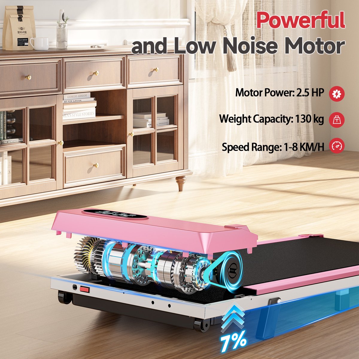 Afbeelding 2 van 3 in 1 loopband - Loopband met 7% helling - Elektrische 2,5 pk loopband - 1-8 km/u verstelbaar - Oppervlak 38,5 x 94 cm - Roze