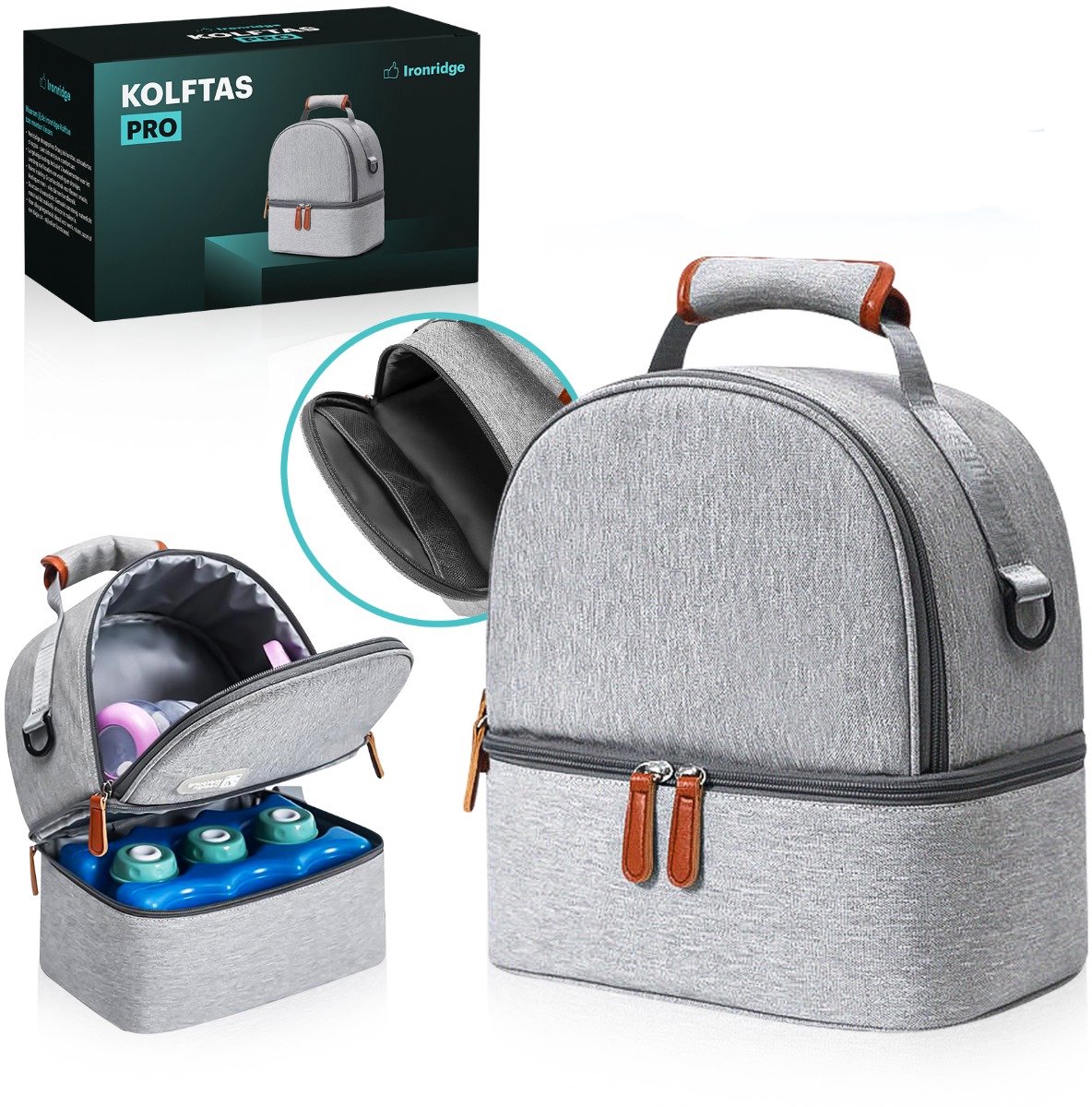 Ironridge® Kolftas - Koeltas Kolf - Borstvoeding - Borstkolf - Onderweg - Koeltas Moedermelk - Bewaartas Babyvoeding - Thermotas voor Babyflesjes - Grijs