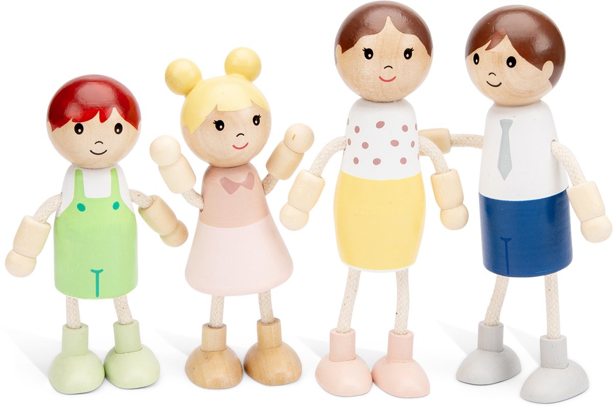 Woet® Houten Poppenhuispoppen - Familie van 4 Poppetjes - Flexibele Poppen voor Poppenhuis - FSC - Rollenspel Speelgoed - Vanaf 3 Jaar