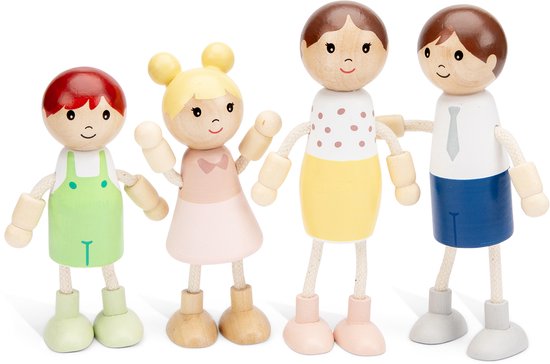 Woet® Houten Poppenhuispoppen - Familie van 4 Poppetjes - Flexibele Poppen voor Poppenhuis - FSC - Rollenspel Speelgoed - Vanaf 3 Jaar