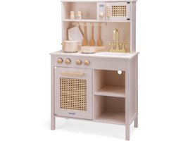 Woet® Houten Speelgoed Kinderkeuken - Beige/Roze Speelkeukentje met Rotan Details en Gouden Kraan - Speelkeuken met Diverse Accessoires - Werkbladhoogte 55 cm - Rollenspel - Vanaf 3 Jaar