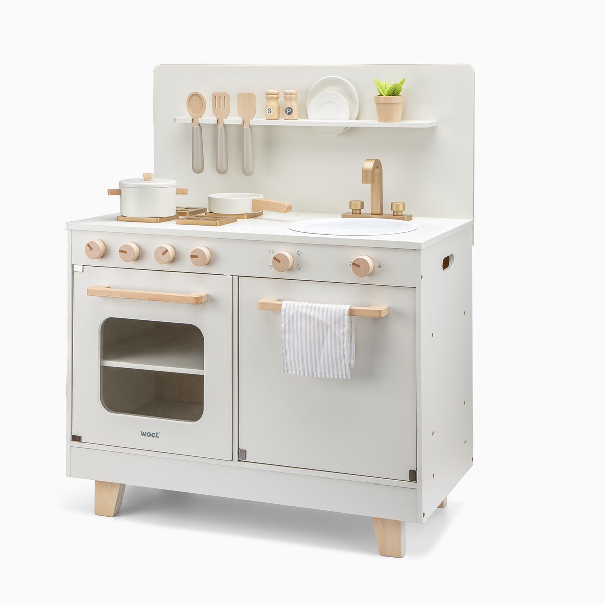 Woet® Houten Speelgoed Kinderkeuken met Vaatwasser - Speelkeukentje met Pannen, Servies, Kruidenplantje en Gouden Kraan - Speelkeuken Gebroken Wit - Werkbladhoogte 55 cm - Rollenspel - Vanaf 3 Jaar — afbeelding 2