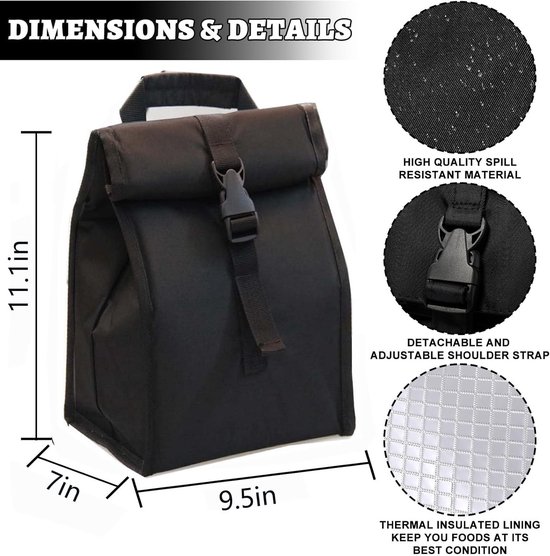 Geïsoleerde opvouwbare lunchtas met verstelbare riem - lichtgewicht draagbare lunchbox voor mannen, vrouwen, kantoor, werk, picknick, wandelen en strand (zwart (harde stof)) van Gogooda — afbeelding 3