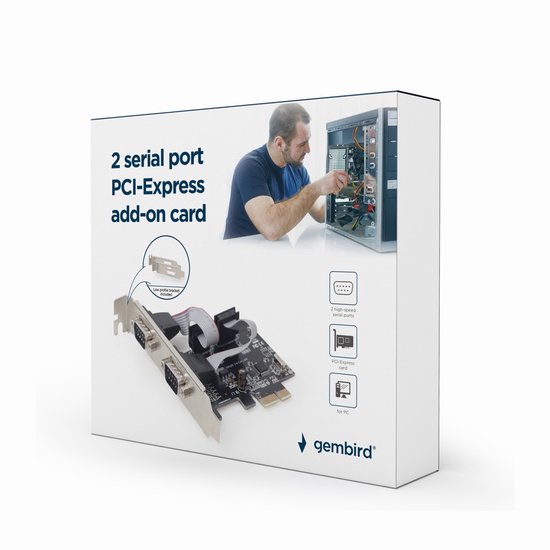 Gembird 2 seriële poort PCI-Express add-on kaart op de doos. Een man monteert een pc. Tekst en iconen op de doos.