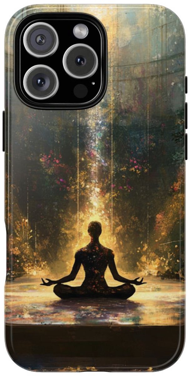 Mediterende Silhouet met Stralend Licht – Telefoonhoesje Geschikt voor iPhone 16 Pro Max
