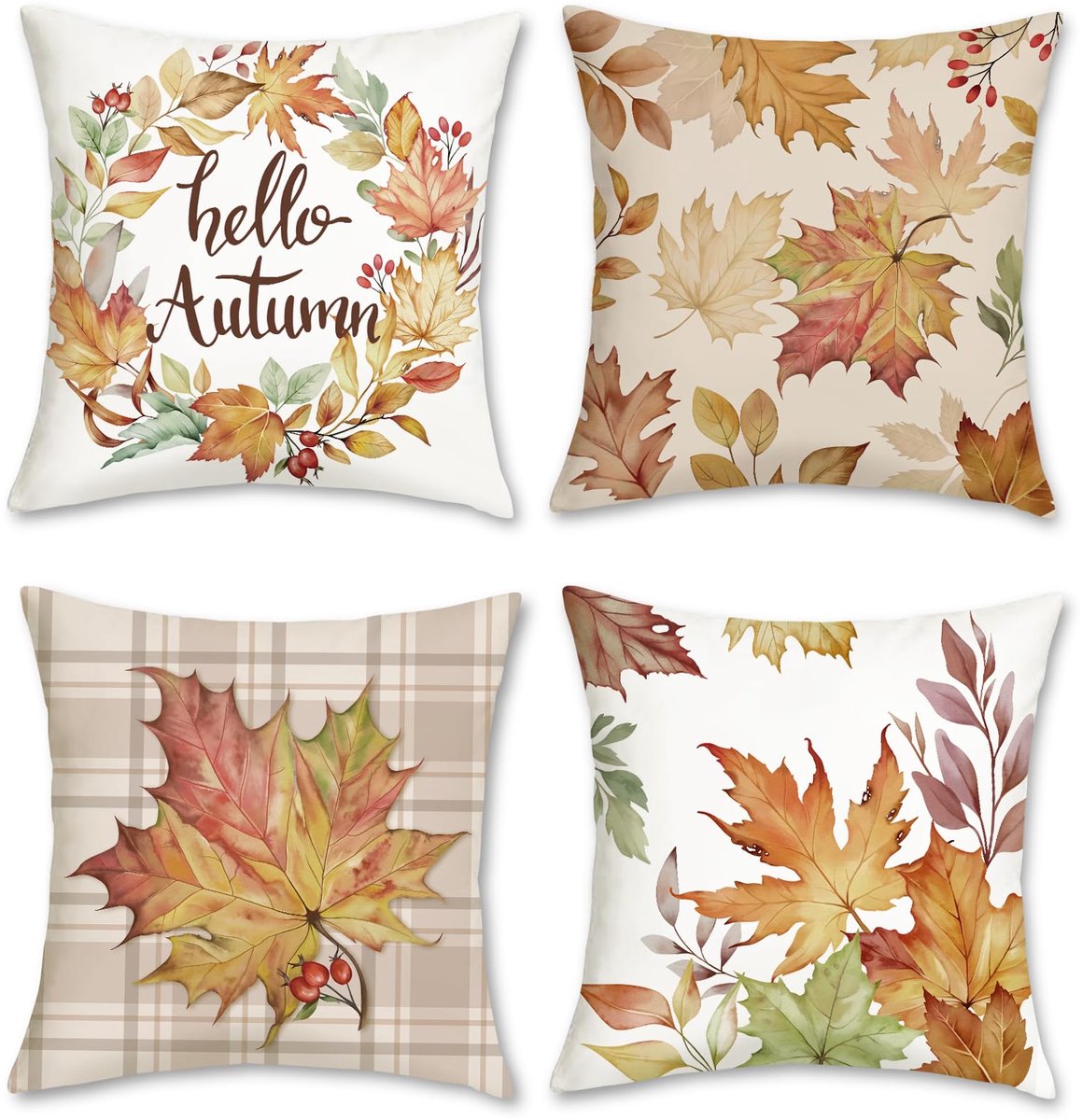 Ibenzoa Decoratieve Set van 4 Herfst Kussenslopen met Bladeren Ontwerp en Fluweelzachte Textuur bruin