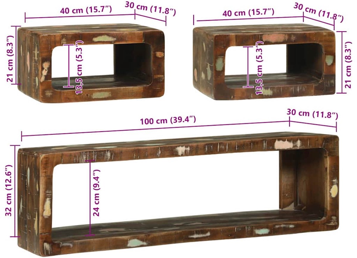 vidaXL - Tv-meubelset - met - plank - 3 - pcs - Multikleur - Massief - gerecycled - hout